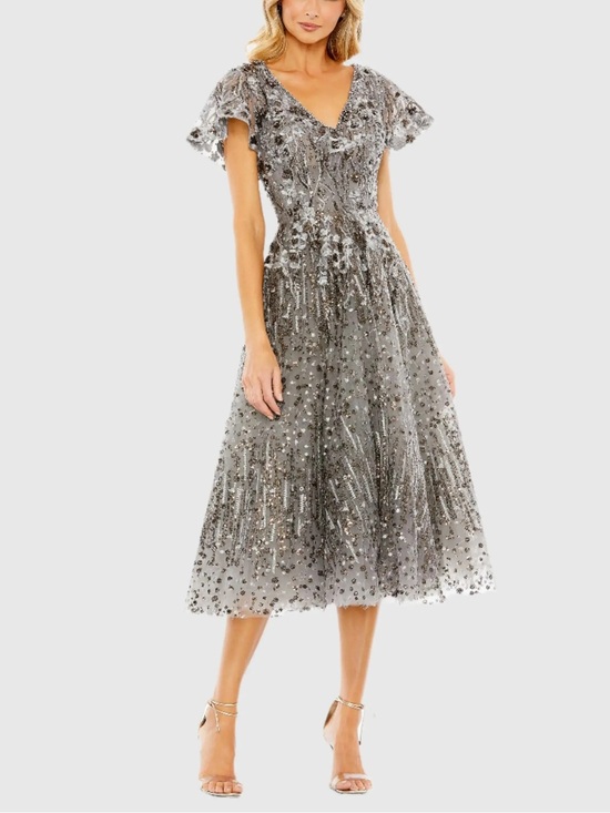 Dresses & Skirts - MAC DUGGAL Gray Embellished Butterfly Fit and Flare Midi Dress 20392 size 16